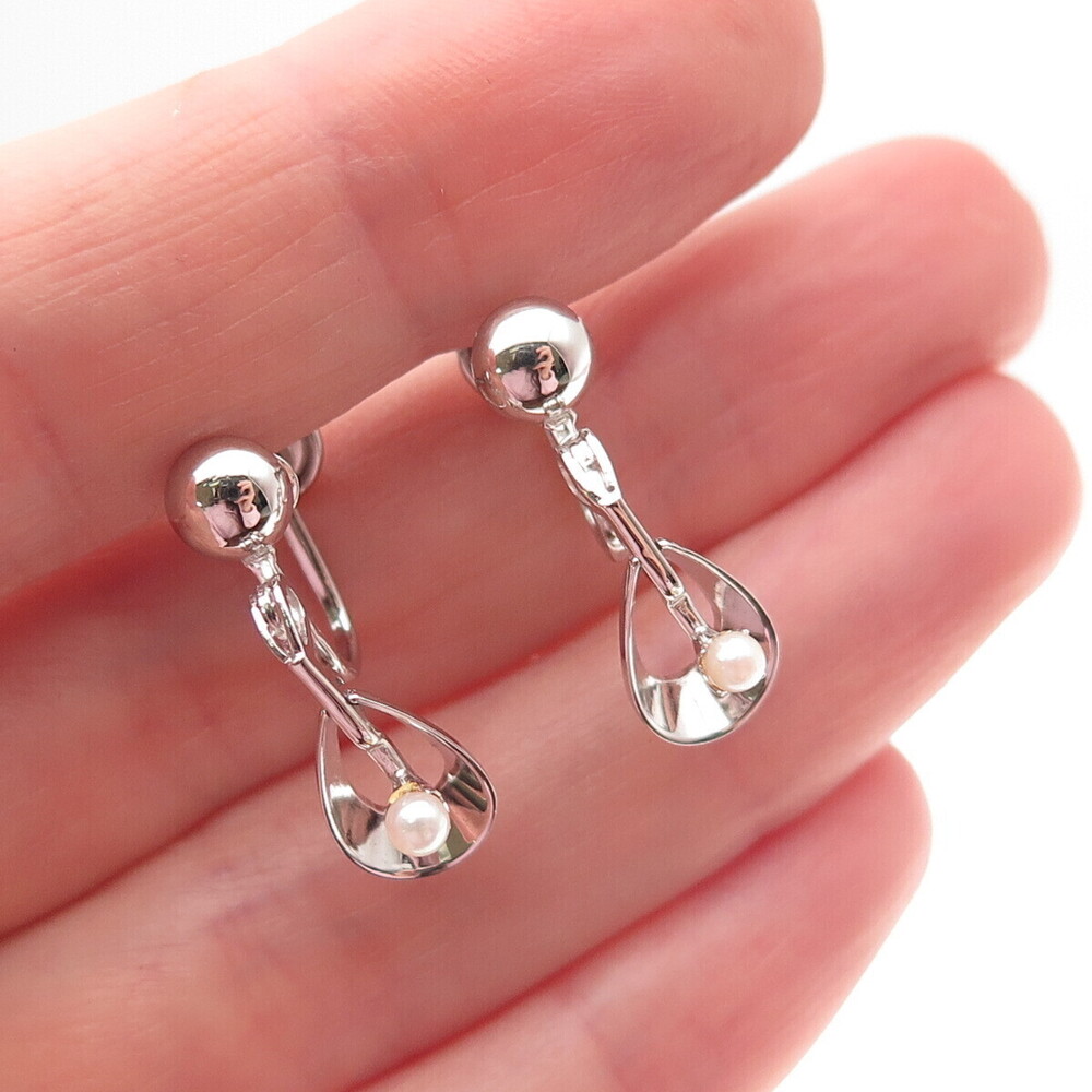 Marvel 925 Sterling Silver Vintage Real Pearl Screw Back Dangle Earrings